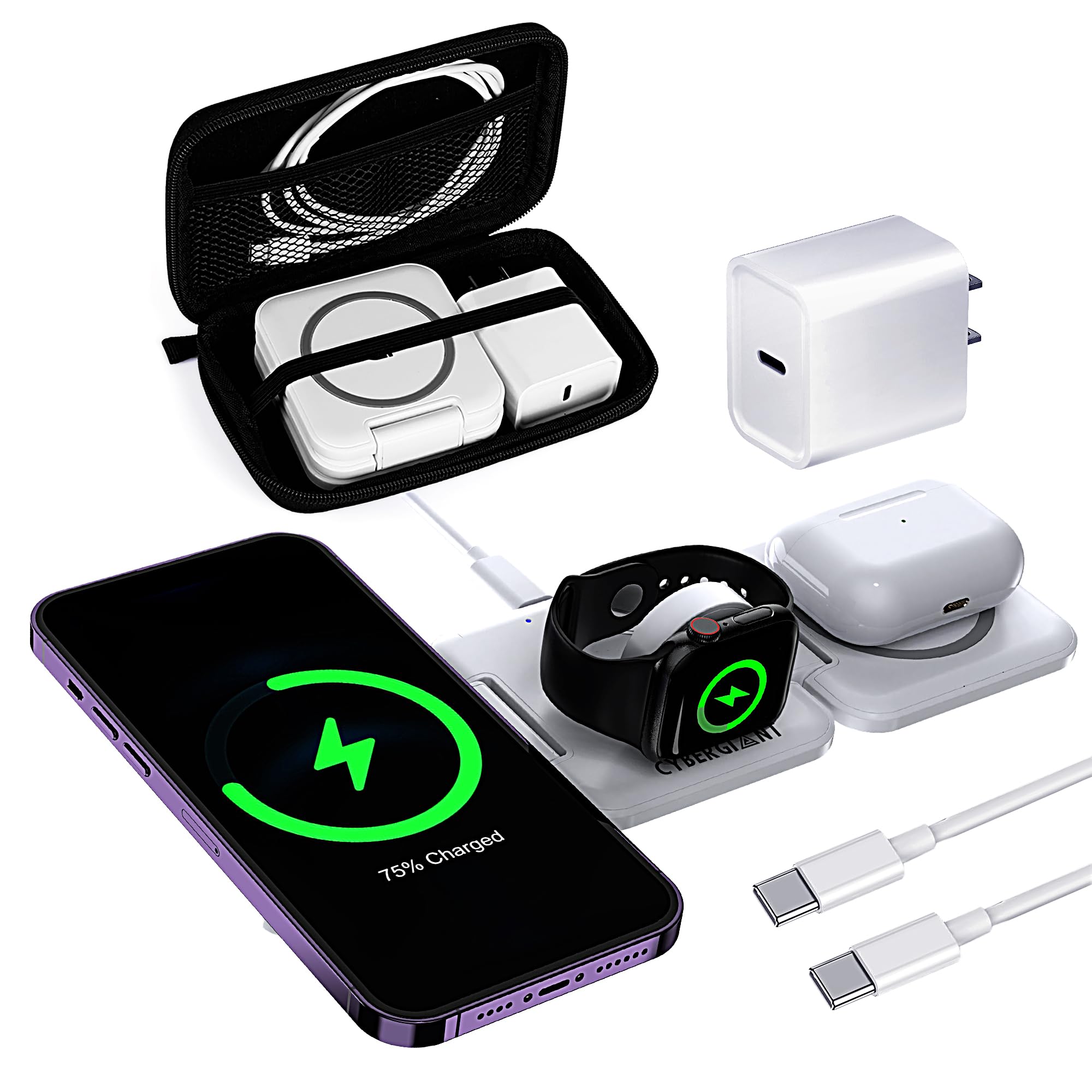 CYBERGIANT 3 in 1 Wireless Charging Station for Apple Devices - Portable Foldable Magnetic Charger Stand for iPhone Airpods Apple Watch iWatch, Travel Charger for Multiple Devices w/Adaptor&Case