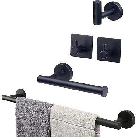 4-Piece Bathroom Hardware Set Matte Black - Towel Bar, Ring, Hook & Toilet Paper Holder