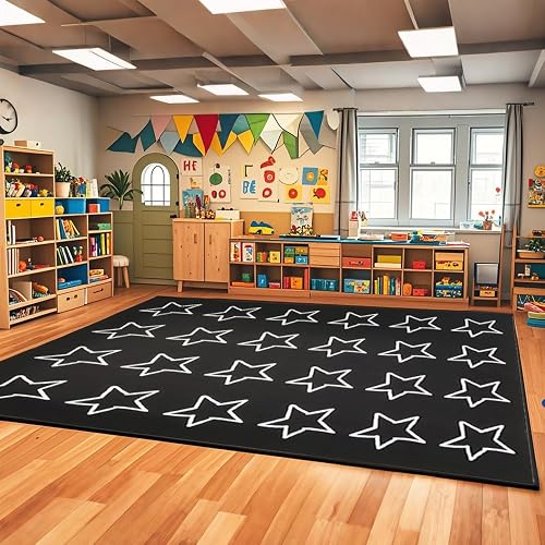 Large Classroom Rugs Elementary with Star 13'x7'7'', Black, Seats 24 | Nylon, Odorless, Wear-Resistant, Seating, Fire Resistant, Circle Time, Bright Daycare Preschool Kindergarten Carpet