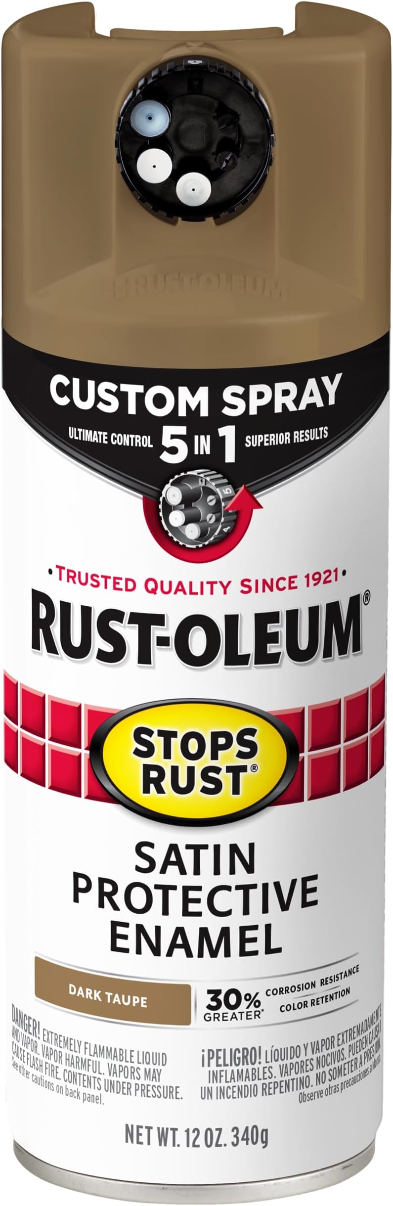 Rust-Oleum 376878 Stops Rust Custom Spray 5-in-1 Spray Paint, 12 oz, Satin Dark Taupe, (Pack of 1)