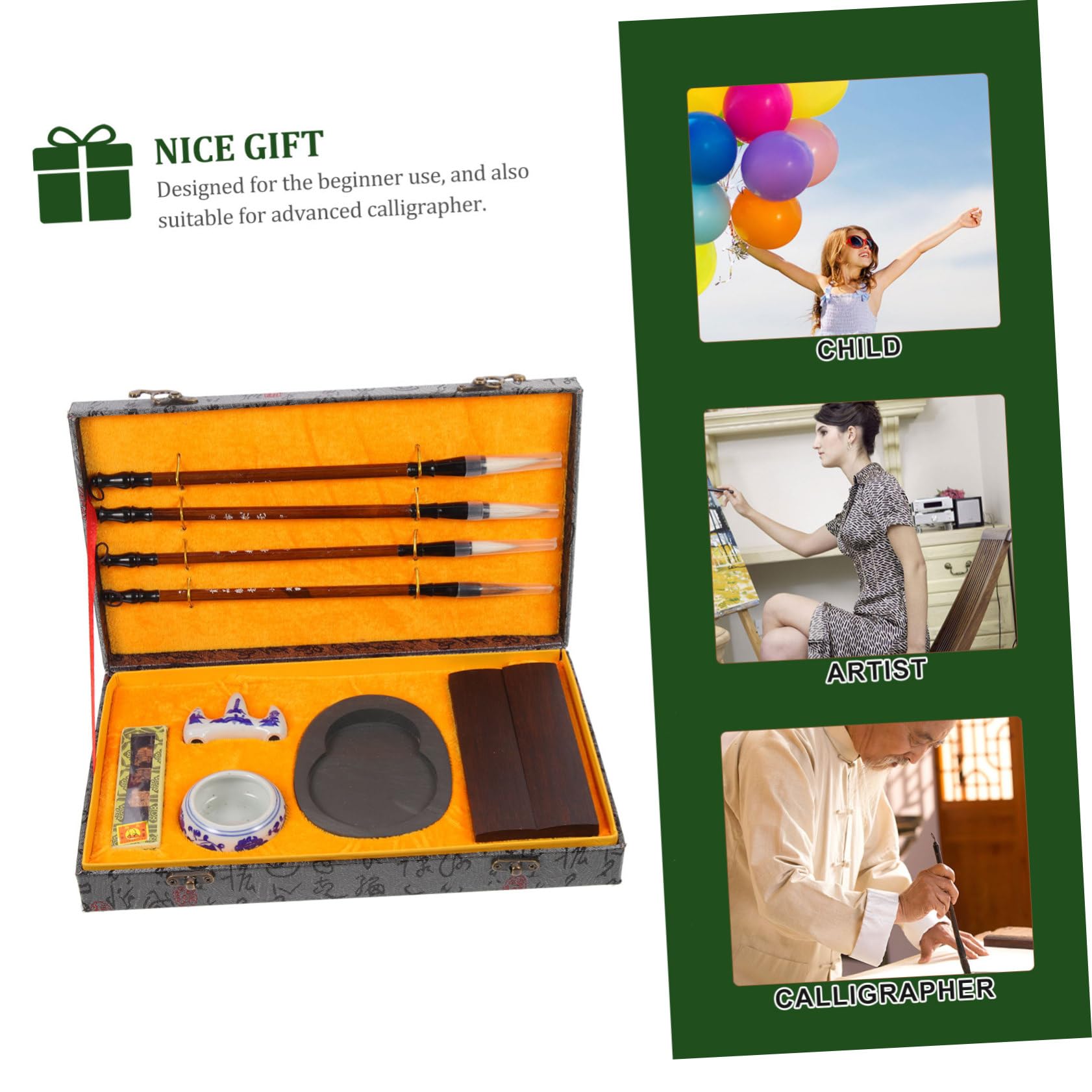 jojofuny Set de Pinceaux D'écriture Chinois pour Calligraphie Pierre à Encre et Bâton D'encre, Bois Portable, Résistant la Déformation, pour Étudiants en Pratique Artistique