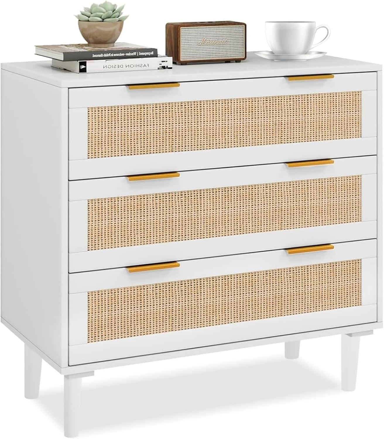 3 Drawer Dresser for Bedroom, Rattan Dresser Storage for Closet, Boho 3 Drawer Dresser Chest of Drawers, Modern Wood Dresser for Kids Bedroom, Living Room, Nursery, Hallway, Entryway, White