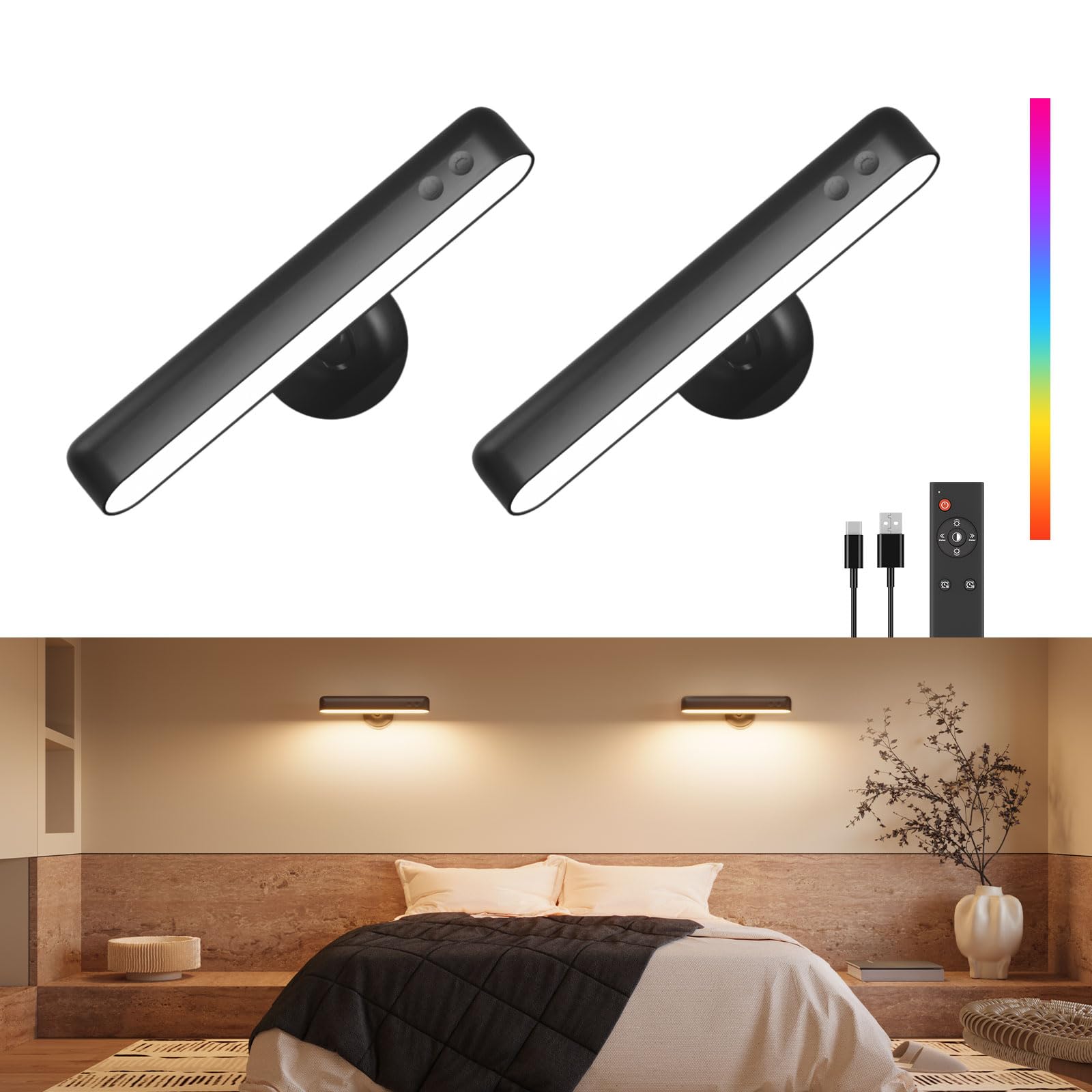 FULNIX Rechargeable Wall Sconces LED Wall Lights with 7500mAh Battery Lamp for Bedroom, Touch and Remote Control, 3 Colors Wall Light 360° Rotate Dimmable Brightness with 15 RGB Colors