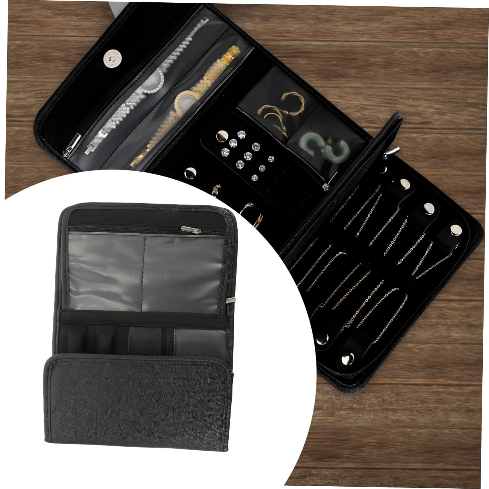 Faltbarer Reise Schmuckorganizer, Schwarz, für Halsketten und Schmuck | Pu und Polyester Ausführung, Platzsparend Zusammenlegbar, für Outdoor und Unterwegs