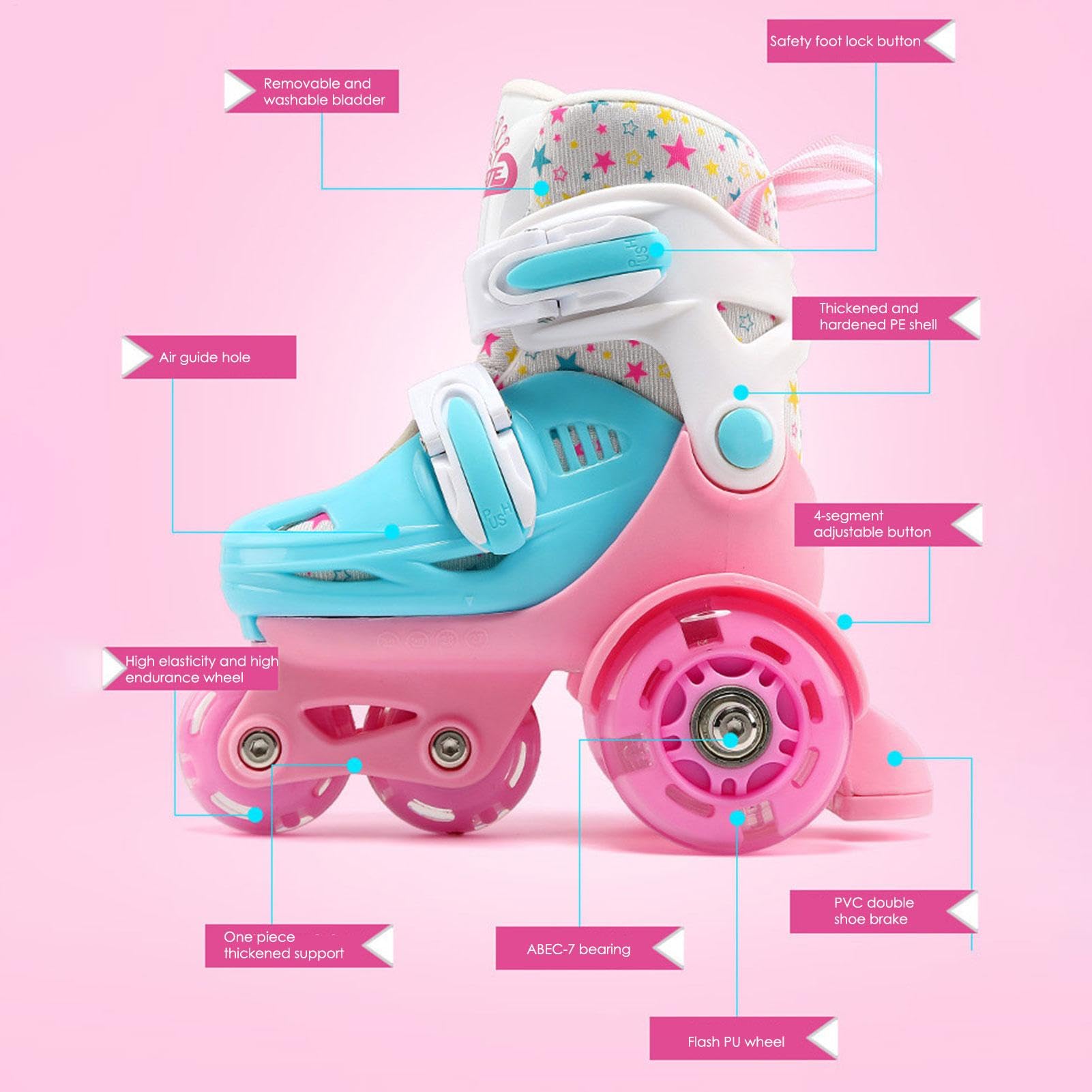 Patins à roulettes pour filles - Patins à roulettes réglables en option pour filles - Patins à roulettes sûrs et amusants - En polyuréthane hautement élastique - Pour filles de 2 à 8 ans - Taille