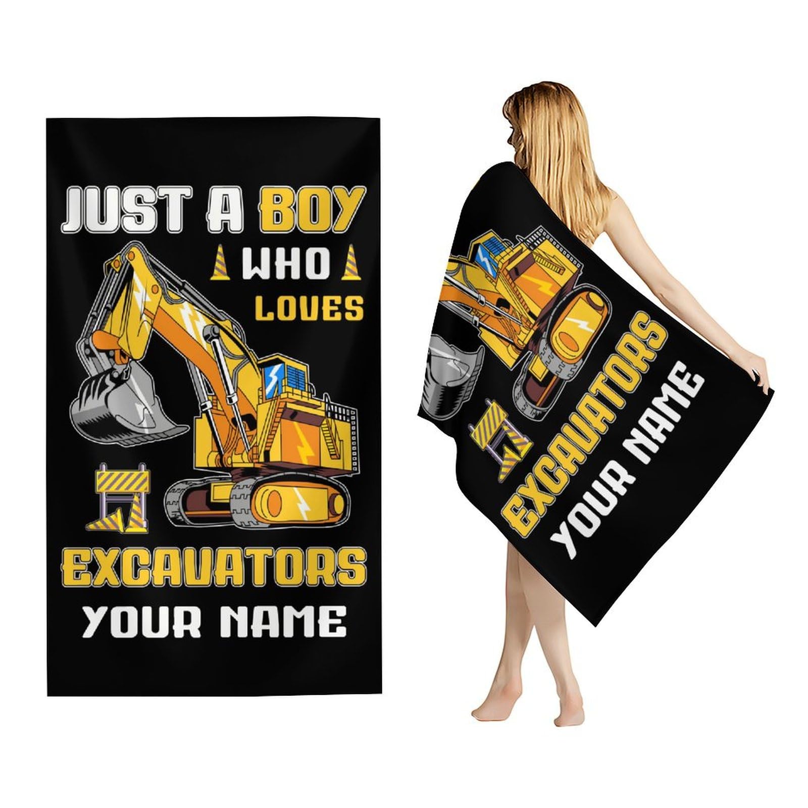 Eccustomized Large Beach Towel Sandproof, Microfiber, Quick-Dry, Absorbent 30" x 60" Custom Boys Excavator Prints Towel, Accessories for Pool, Camping