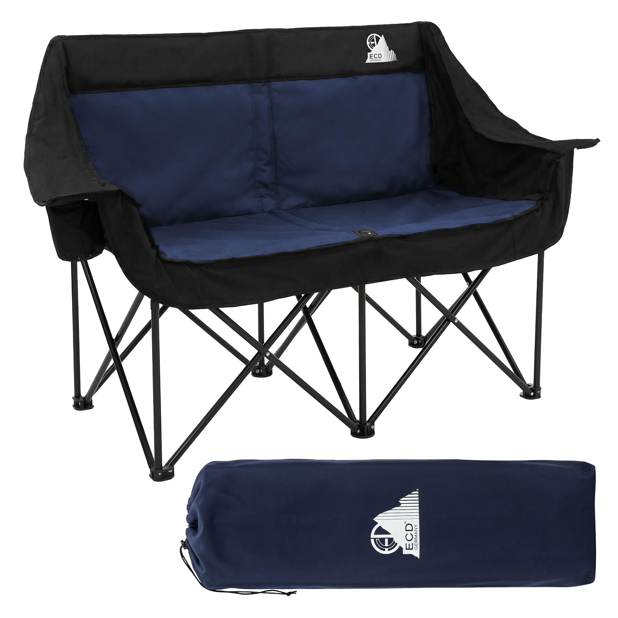 ECD Germany Campingstuhl faltbar für 2 Personen, Campingsofa klappbar 2-Sitzer, Doppel Klappstuhl mit Stahlgestell, Faltsofa gepolstert, Campingcouch stabil für Outdoor Camping und Angeln, Blau/Khaki