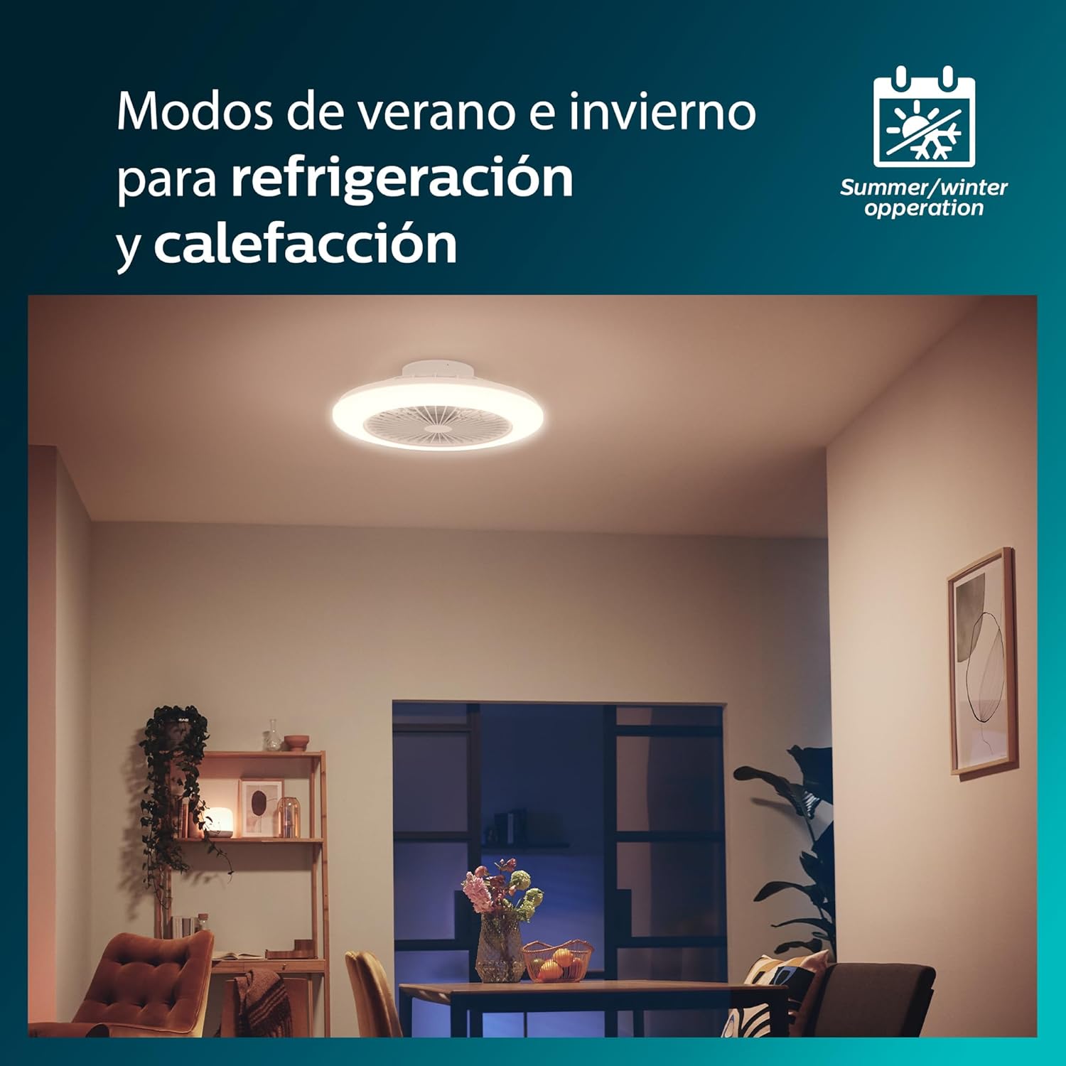 Philips Amigo Ceiling Fan showing summer and winter operation modes