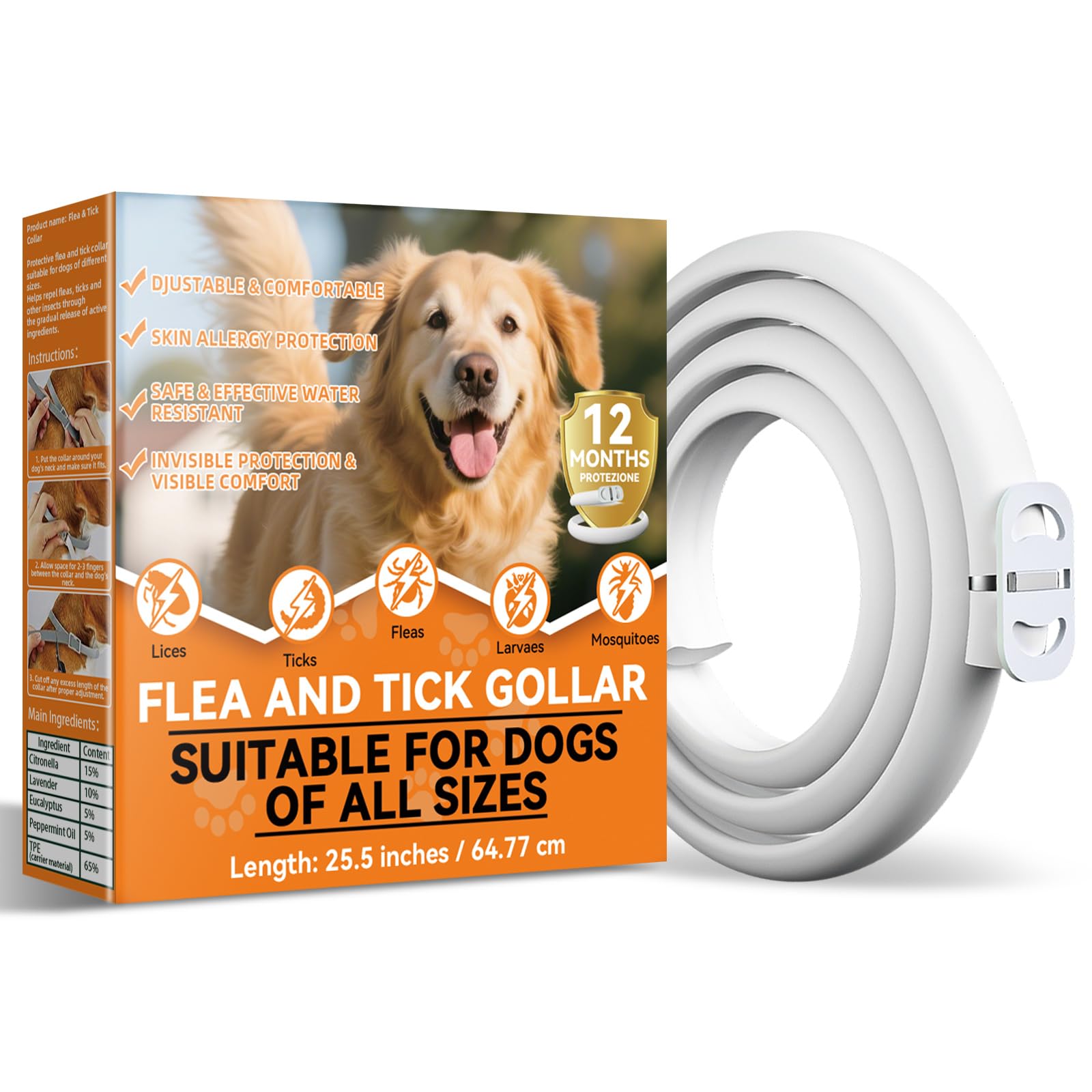 Collare Antiparassitario per Cani, Regolabile e Impermeabile con Protezione Naturale, 65cm Adatto a Tutte le Taglie, Protezione Efficace per 12 Mesi (1 Pack)