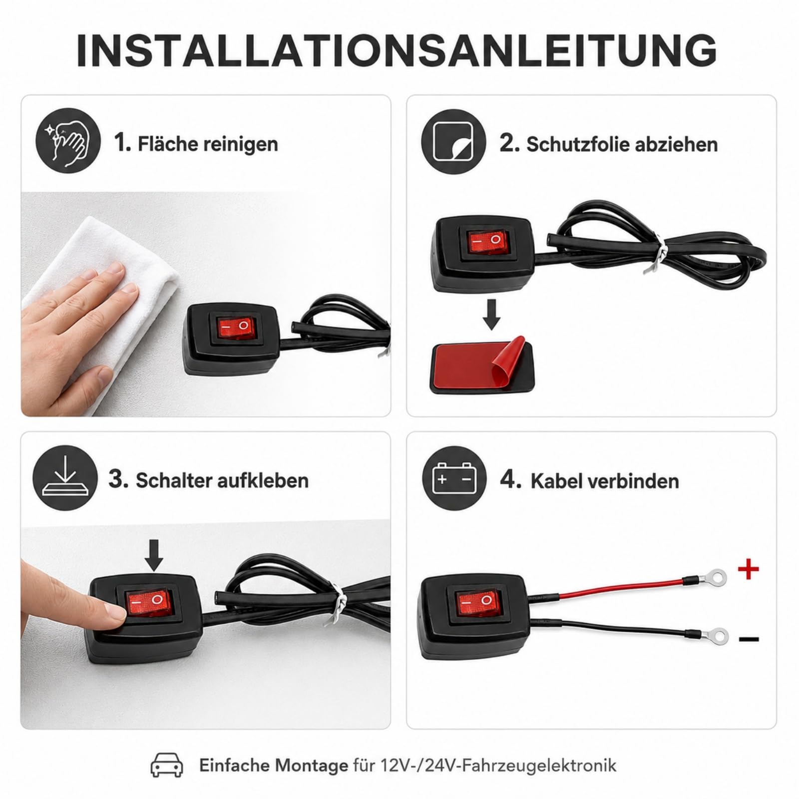 Powice 2 x przełącznik dźwigienkowy 12 V z samoprzylepnym tyłem, przełącznik 3 A/12 V/24 V z kablem 75 cm, przełącznik dźwigienkowy 12 V z czerwonym światłem LED do sterowania elektroniką oświetlenia