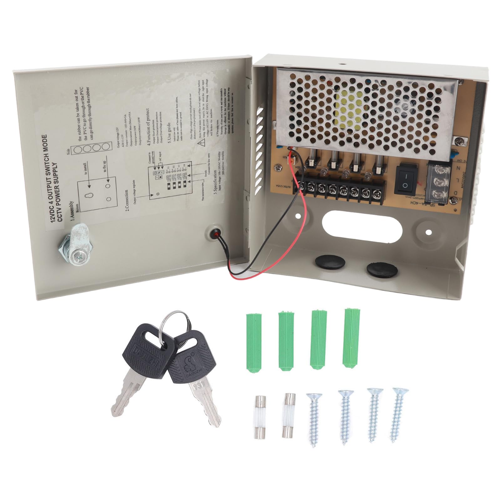 Caja de Alimentación CCTV 12V 4 Canales con Cerradura, Fuente de Poder de Metal para Cámaras de Seguridad, DVR, Protección contra Sobrecarga