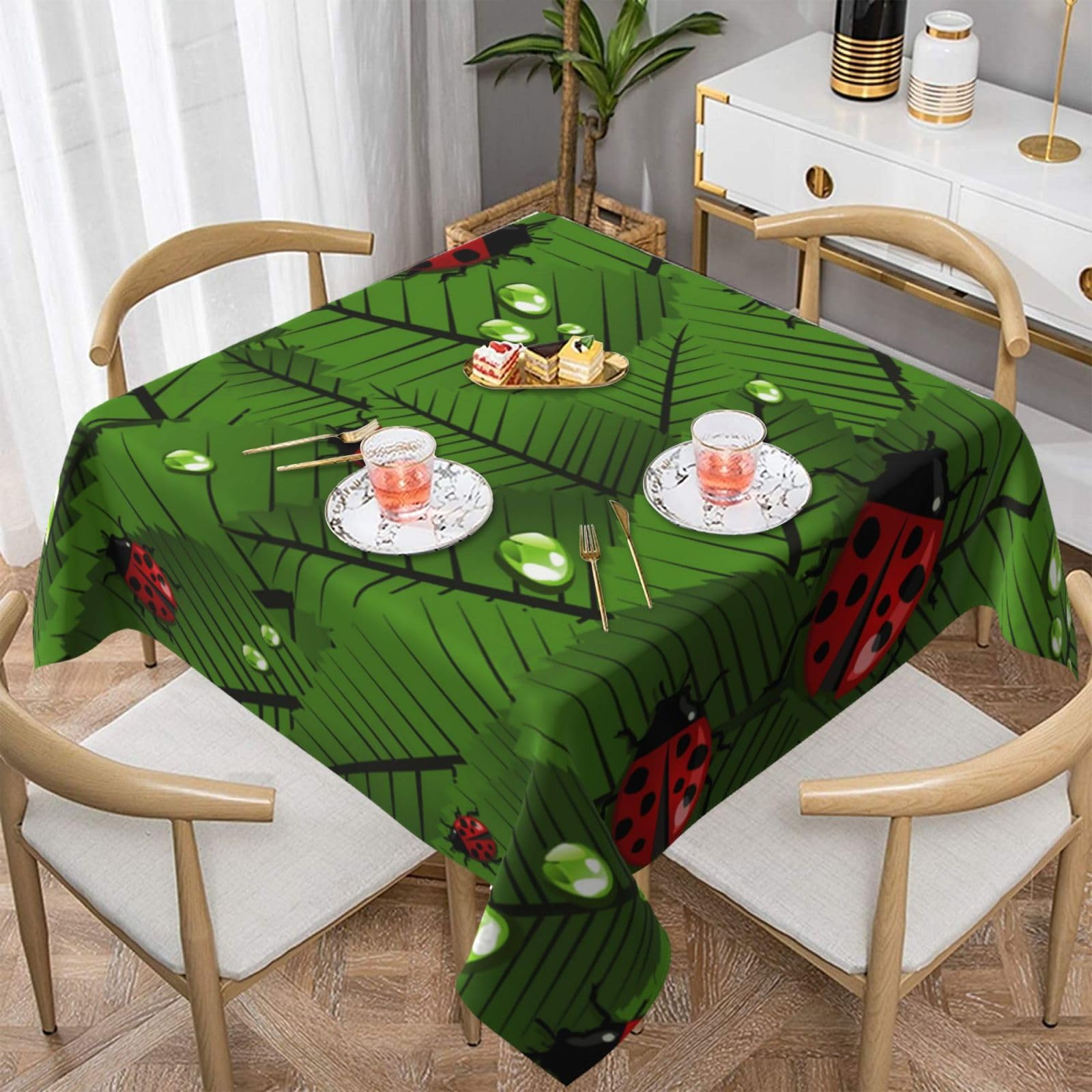DCEHGEW Leaves and Ladybugs Prints Square Tablecloth 152x152 CM, Waterproof Fabric Table Cloth for Dining Table, Farmhouse Table Cover for Kitchen Dining Tabletop Decoration