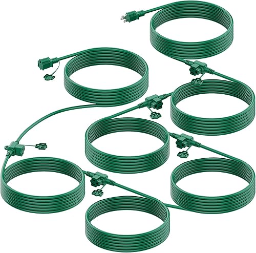 Cable de extensión para exteriores, múltiples salidas, cable de extensión de luz de Navidad de 50 pies, espaciado uniformemente, 6 enchufes con