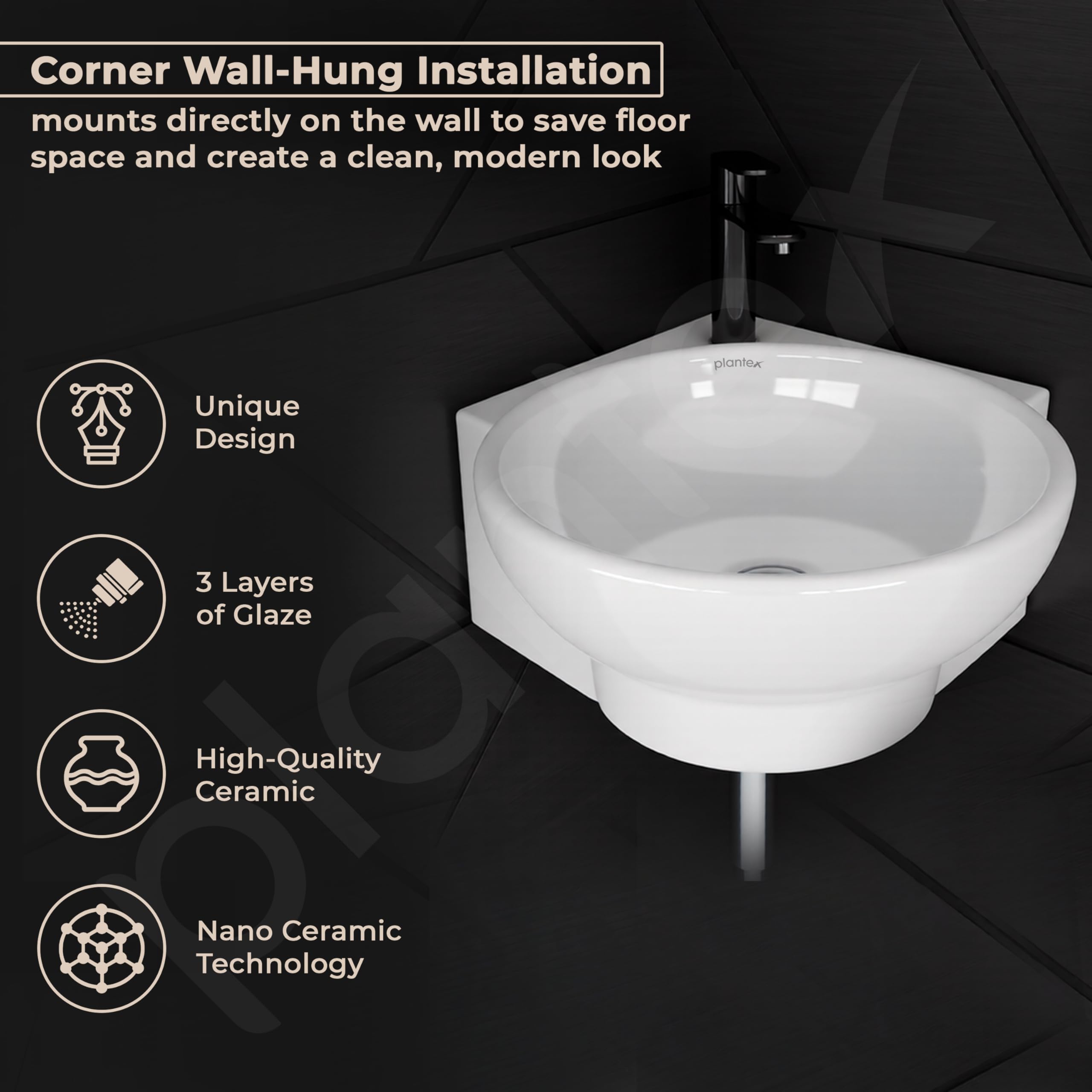 Plantex Lily Ceramic Corner Basin - White -2 Plantex Lily Ceramic Corner Basin - White -2