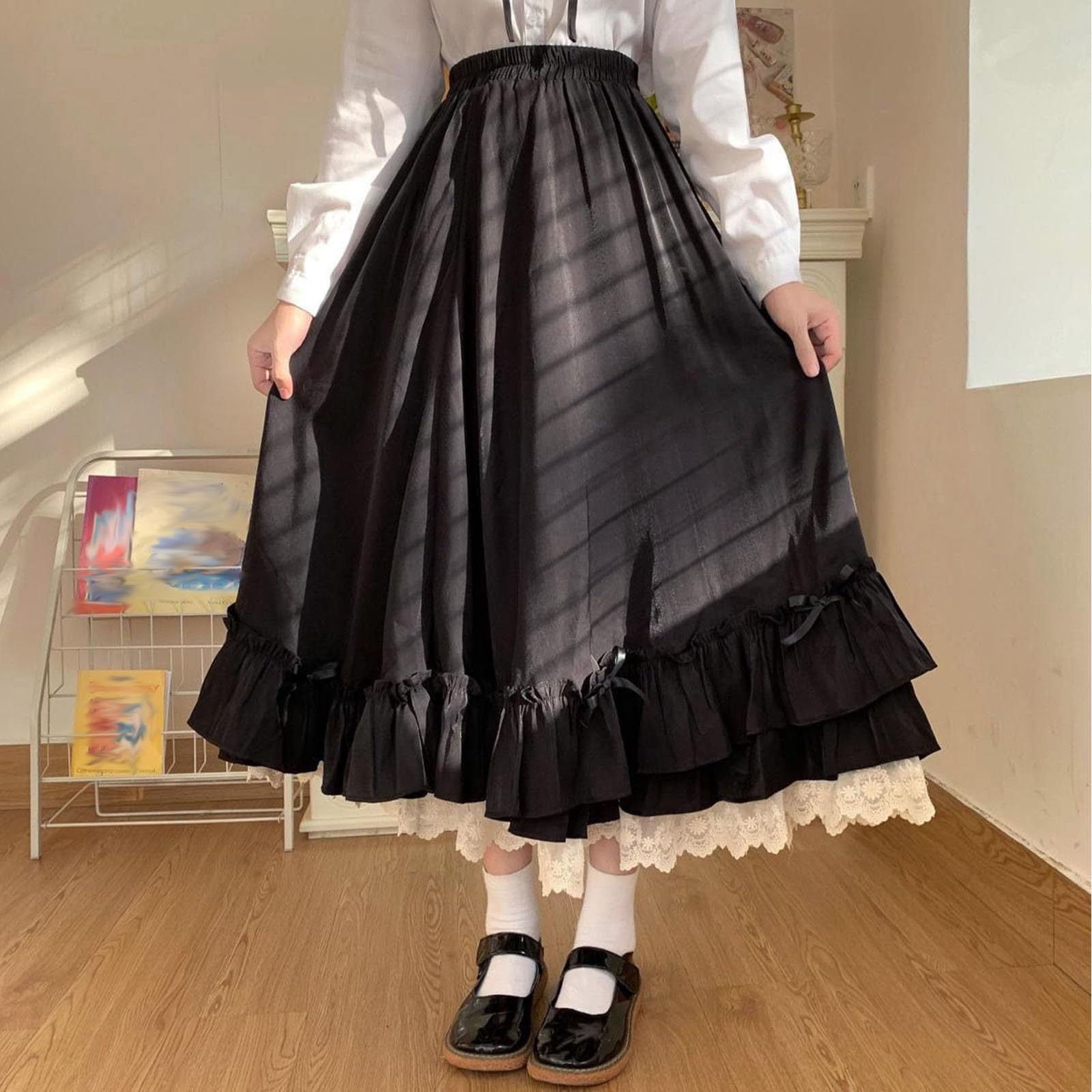 Strickrock Mini für Damen in Volltonfarbe, hohe Taille, japanischer Stil, Lolita-Stil, gerüschter Saum, süße Lange Röcke Karo Kurz