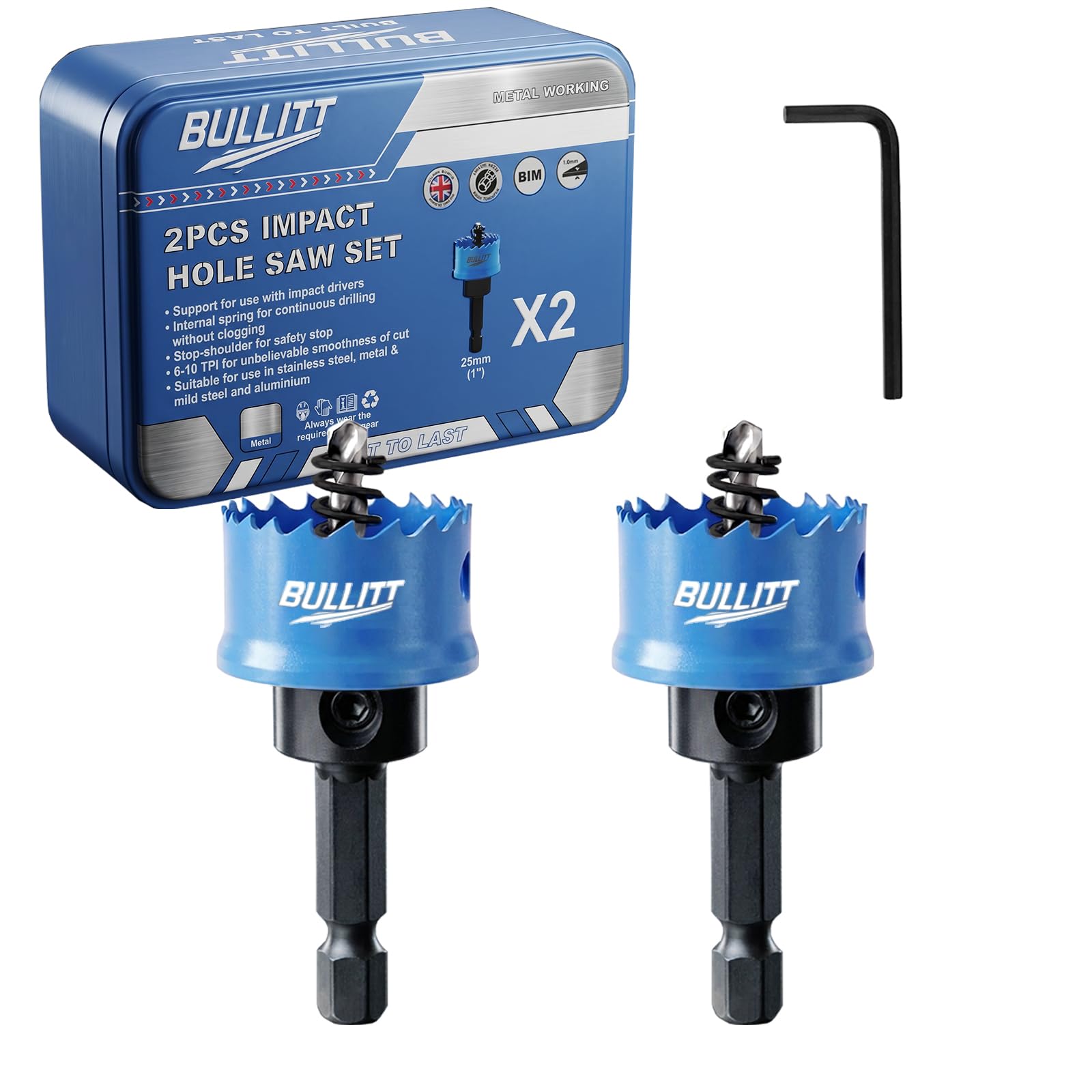 BULLITT Impact Hole Saw Set, 2PCS 25MM M42 HSS Bi-Metal,Hex Shank,Impact Hole Cutter Set Perfect for Drilling Thin Metal,Stainless Steel,Mild Steel and Aluminium