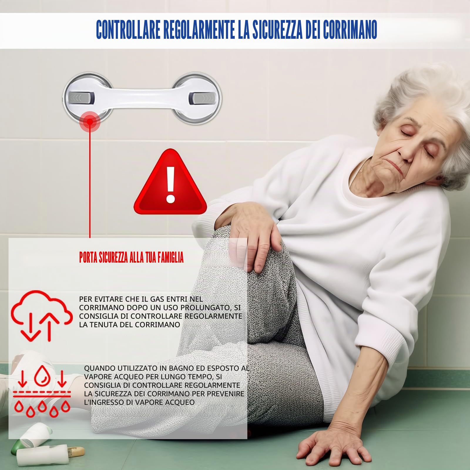 Maniglia per anziani, 2 pezzi, per doccia con ventosa, senza foratura, antiscivolo per doccia e bagno, tenuta forte fino a 110 kg, maniglia di sicurezza per anziani, grigio, 30 cm
