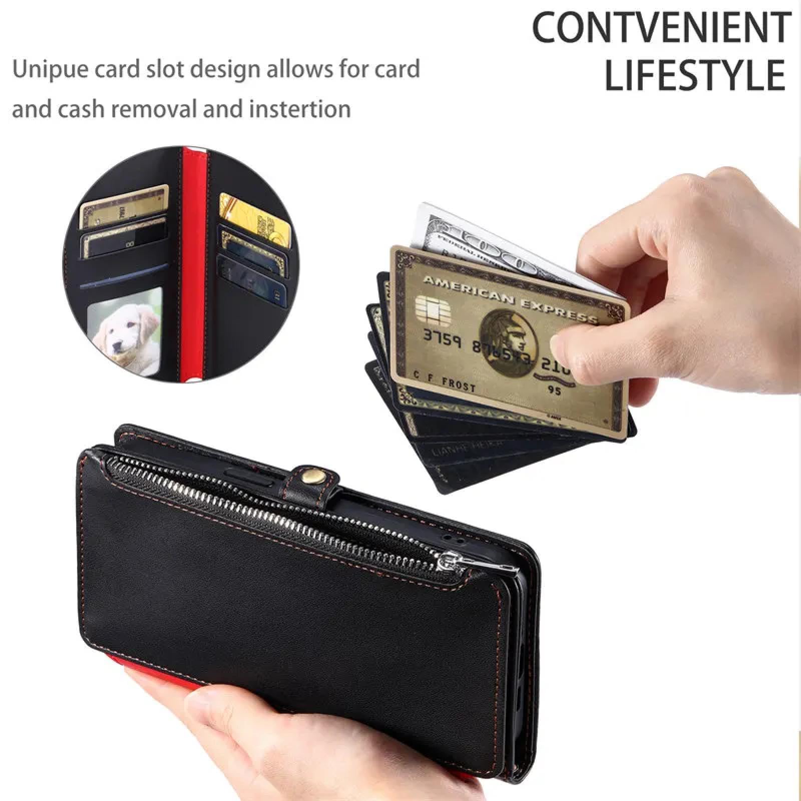 Do iPhone'a 15 Crossbody skórzany portfel z zamkiem błyskawicznym, etui na telefon, smycz, etui z klapką (do iPhone'a 15/różowy)