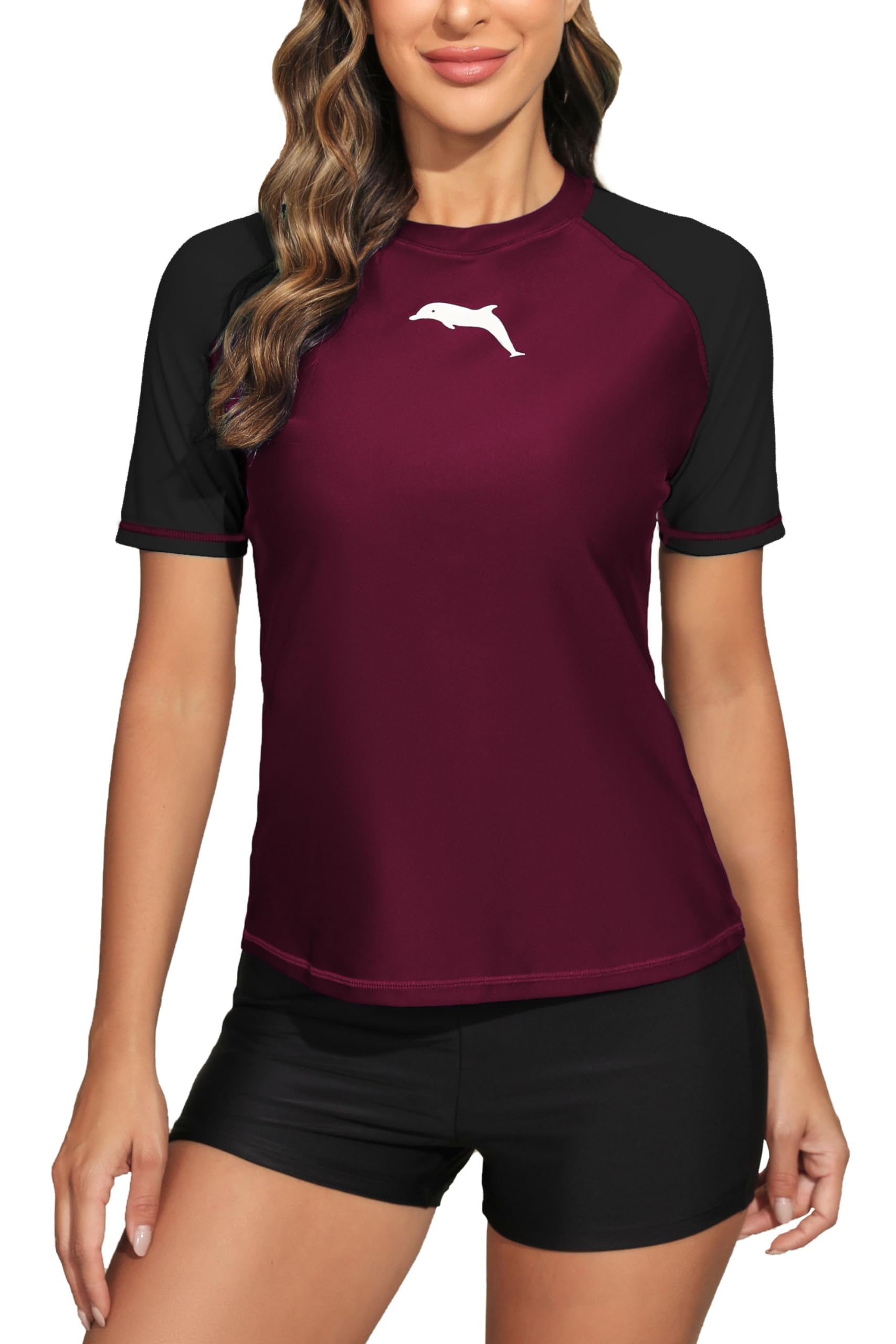 Halcurt Camiseta de natación de manga corta para mujer, talla grande, ajuste holgado, UPF 50, traje de baño
