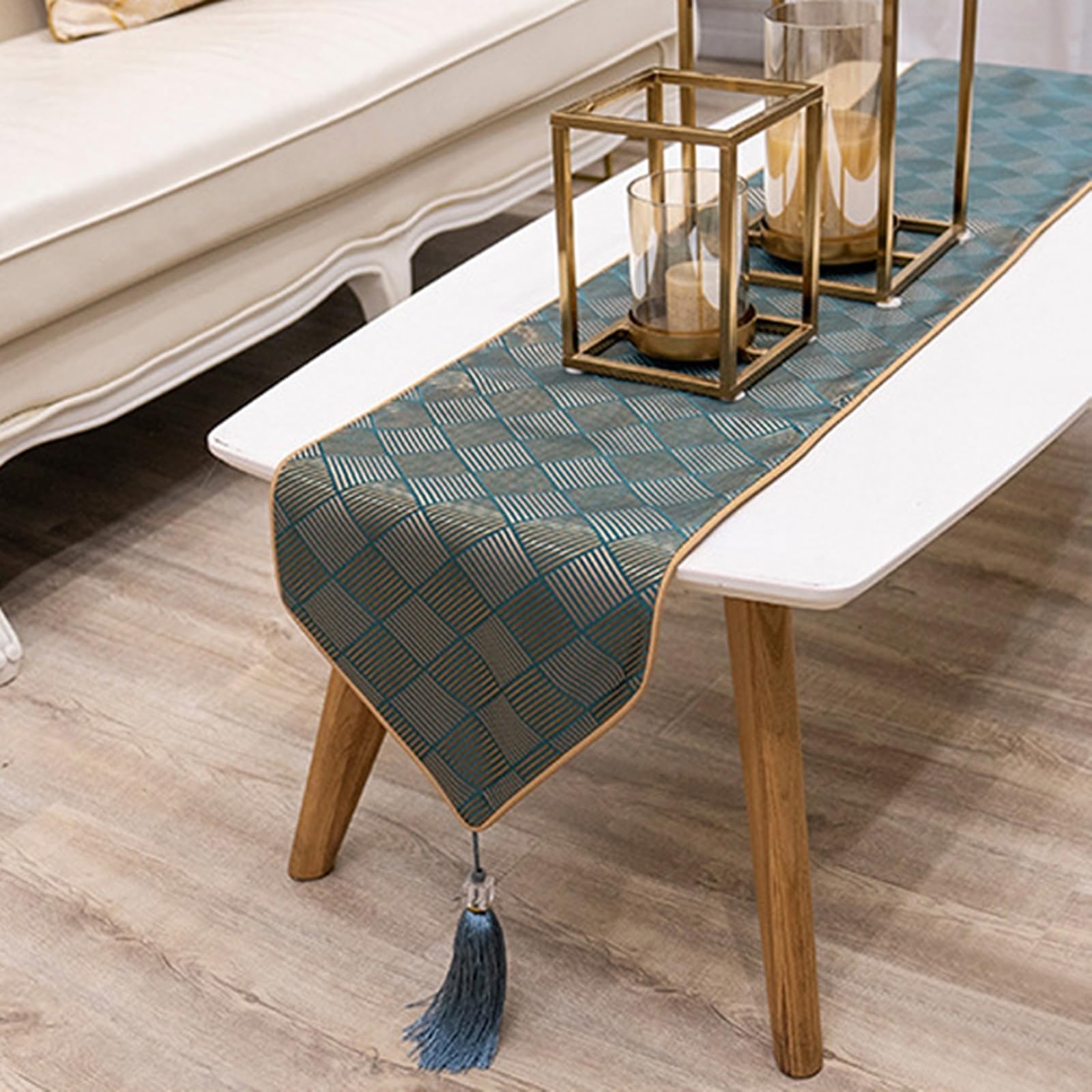 Tischläufer Landhausstil Polyester, Tischläufer Wohnzimmer 33x200 cm, Rautenstreifenmuster mit Quasten