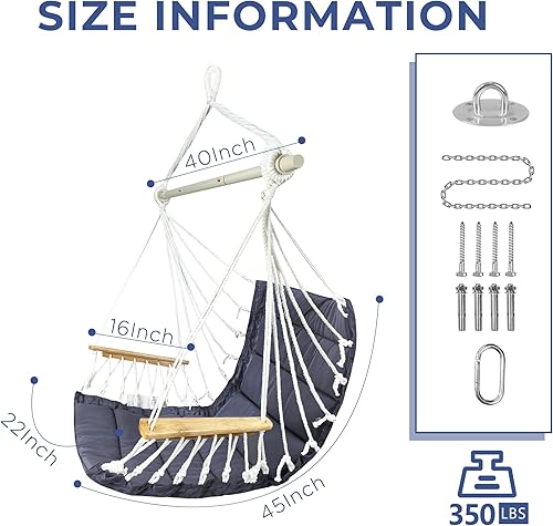 Miniatura 3 de Hamaca, columpio colgante para porche con reposabrazos de madera barra separadora de acero, kit de herramientas incluido tela acolchada hasta 350