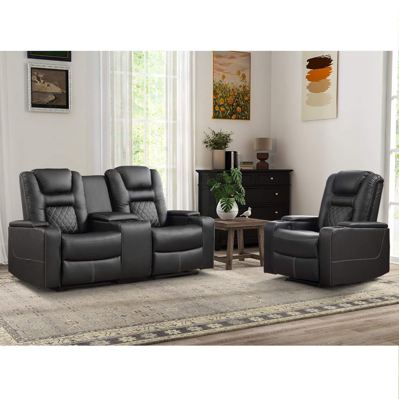 CANMOV Electric Power Home Theater Seating Set,PU Leather Power Theater Recliner Loveseat Sofa and Power Recliner Chair with Cup Holders,USB Ports and Hidden Arm Storage for Living Room,Black