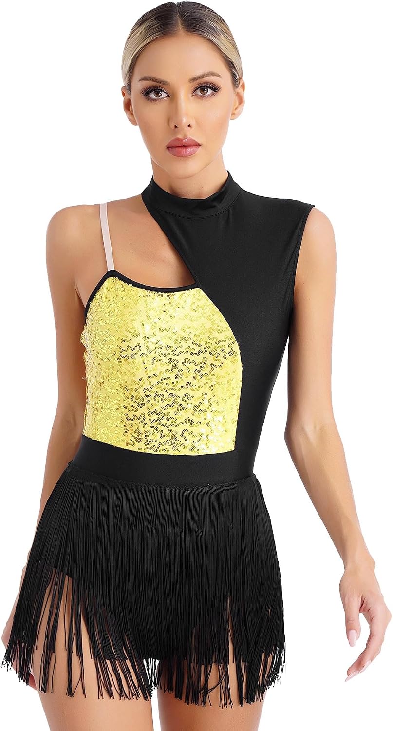 JEATHA Women Sequins Jazz Dance Leotard Sleeveless Cutout Dance Dress Tassel Fringed Latin Dancewear