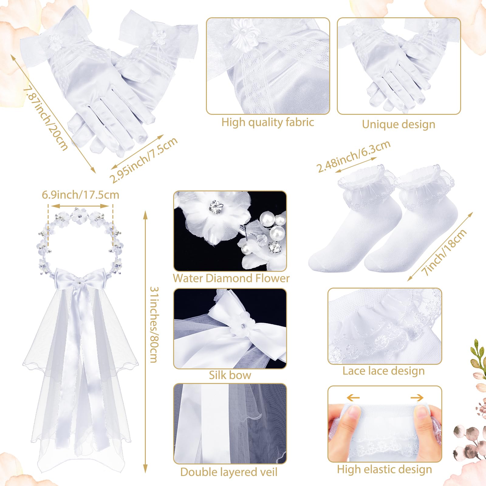 Funtery 6 Pcs First Communion Veils Set 1st Communion Shawl Wreath Veil Headpiece Glove Sock Necklace Bracelet Kid(145-160cm,65kg)