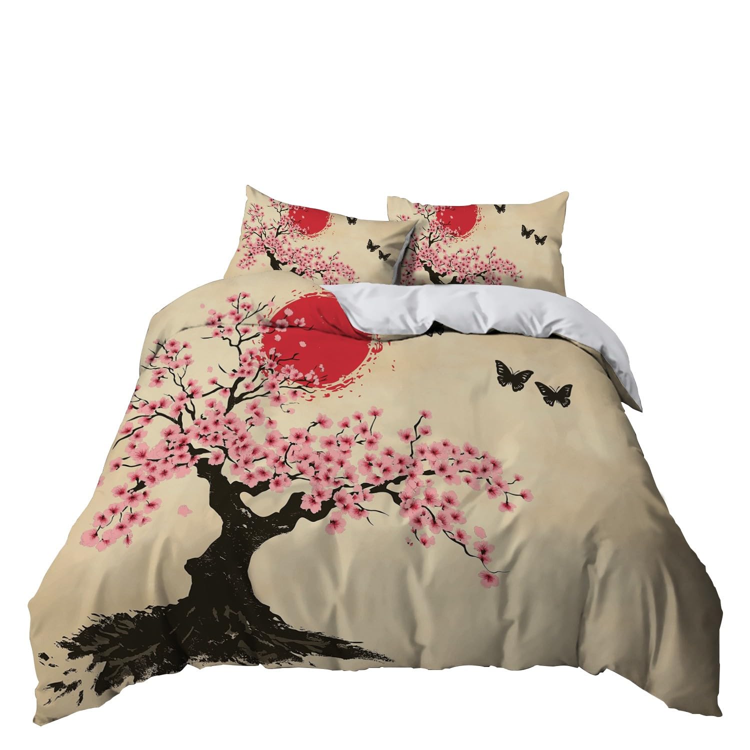 Juego de Funda de edredón para Niños y Niñas, Funda Nórdica Pintura De Tinta Tradicional De Japón,Ropa de Cama súper Suave Juego de Edredón Individual y Almohadas, Viejo Árbol Japonés (150 x 200 cm)