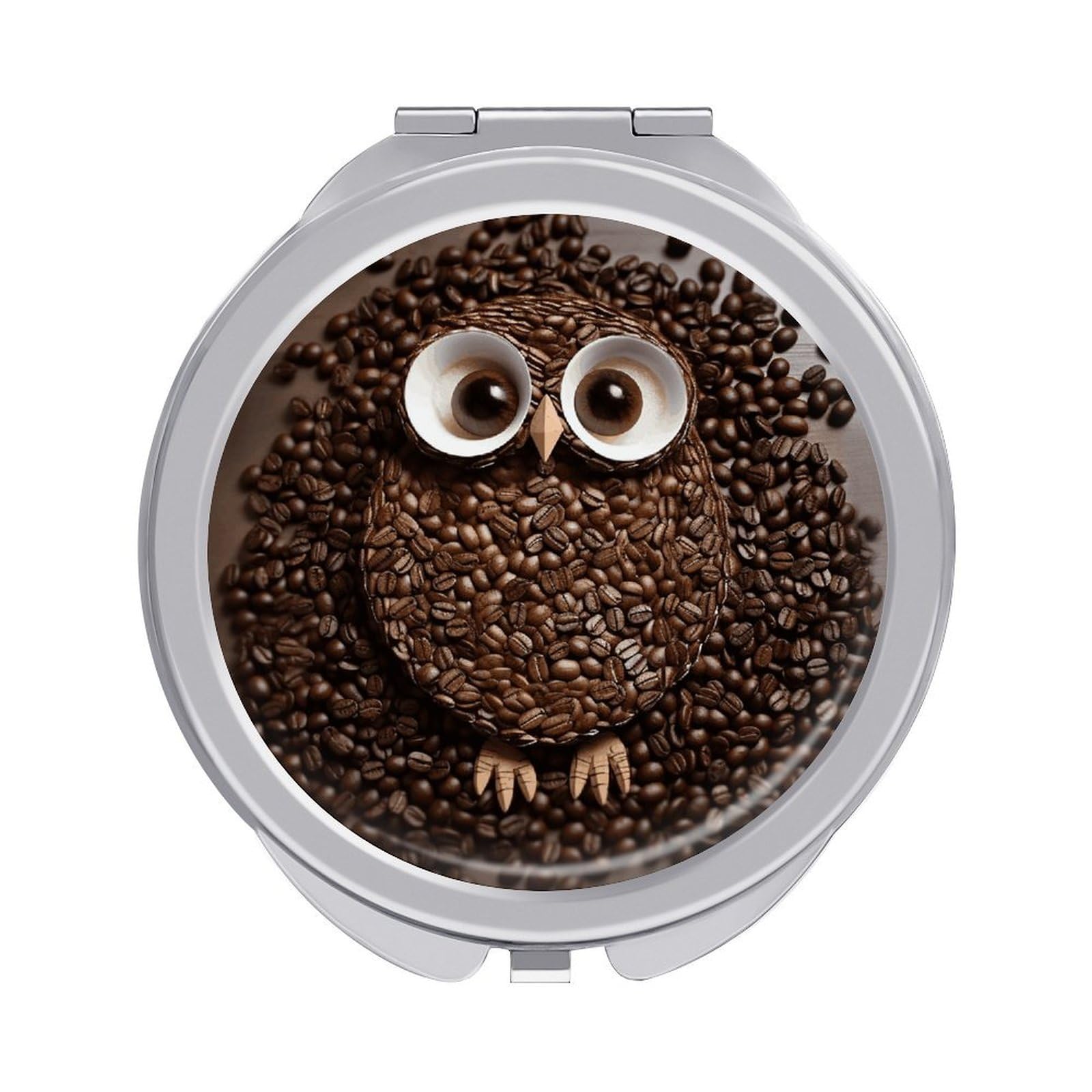 VstaDank Coffee Bean Owl Travel Makeup Mirror Cute Compact Mirror for Women 1X/2X Magnifying Metal Pocket Makeup Mirrors Folding Round Makeup Mirrors for Handbag Wallet & Gift