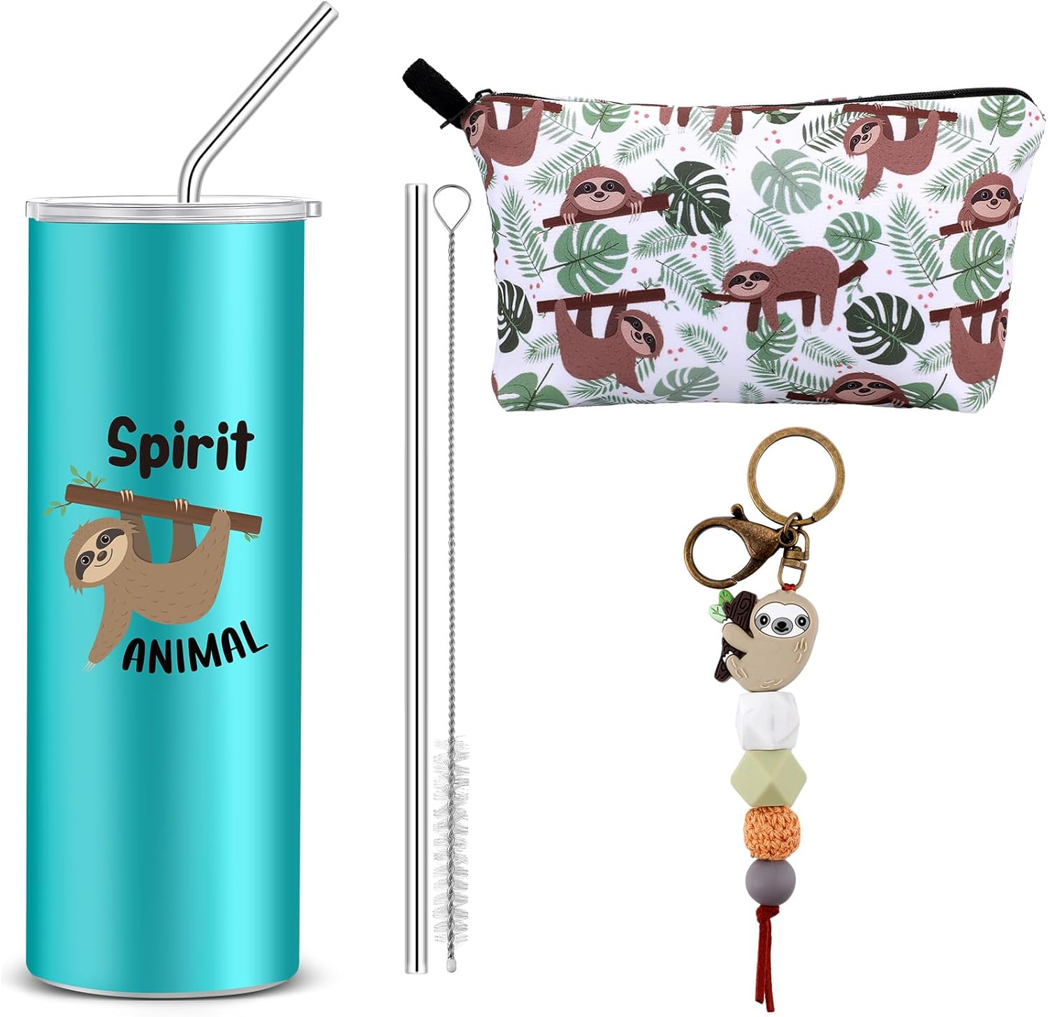 Abbylike 3 Pcs Sloth Gifts for Women Makeup Bag 20 oz Sloth Stainless Steel Travel Tumbler Mug with 1 Lids and 2 Straws Tumbler Keychains for Friends