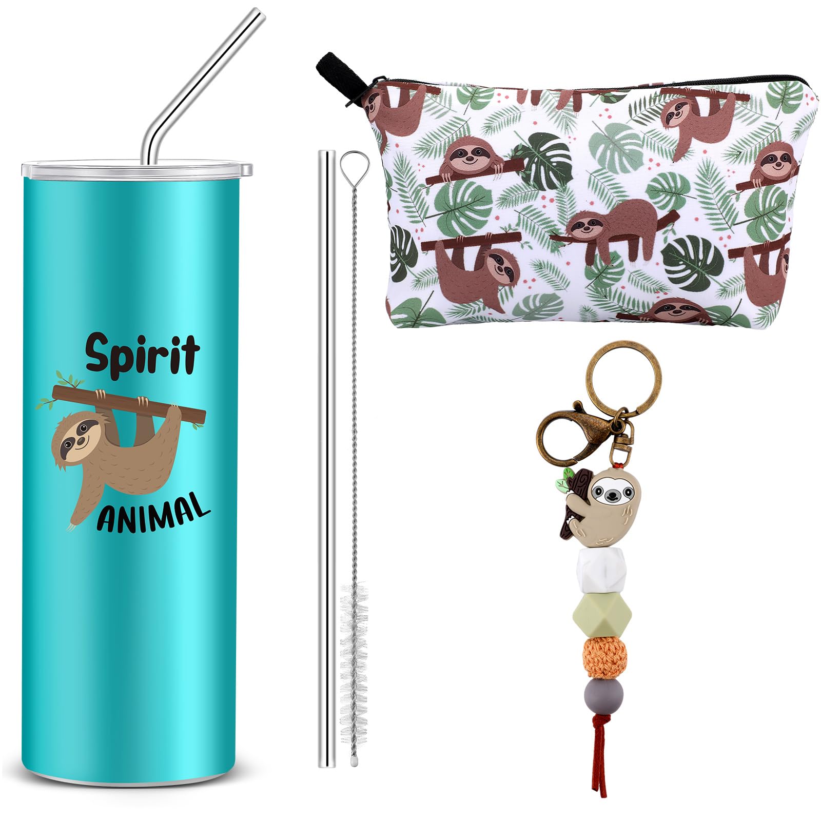 Abbylike 3 Pcs Valentine's Day Sloth Gifts for Women Makeup Bag 20 oz Sloth Stainless Steel Travel Tumbler Mug with 1 Lids and 2 Straws Tumbler