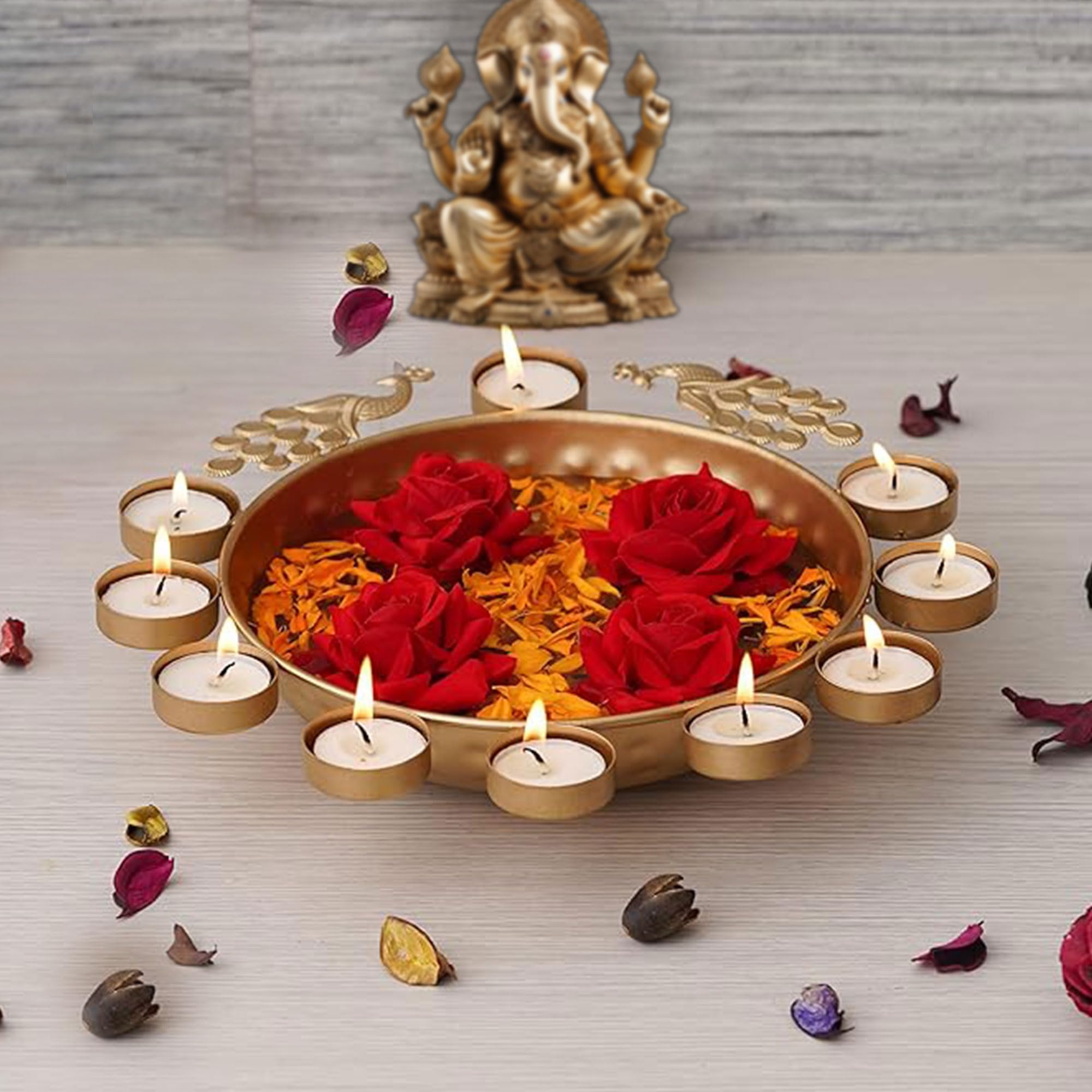 Handcrafted Round Peacock Shape Urli Bowl Diwali Diyas Beautiful Home Decorative Bowl for Floating Flowers and Tea Light Candles Home, Office and Table Decor Special for Diwali (12" Inches)