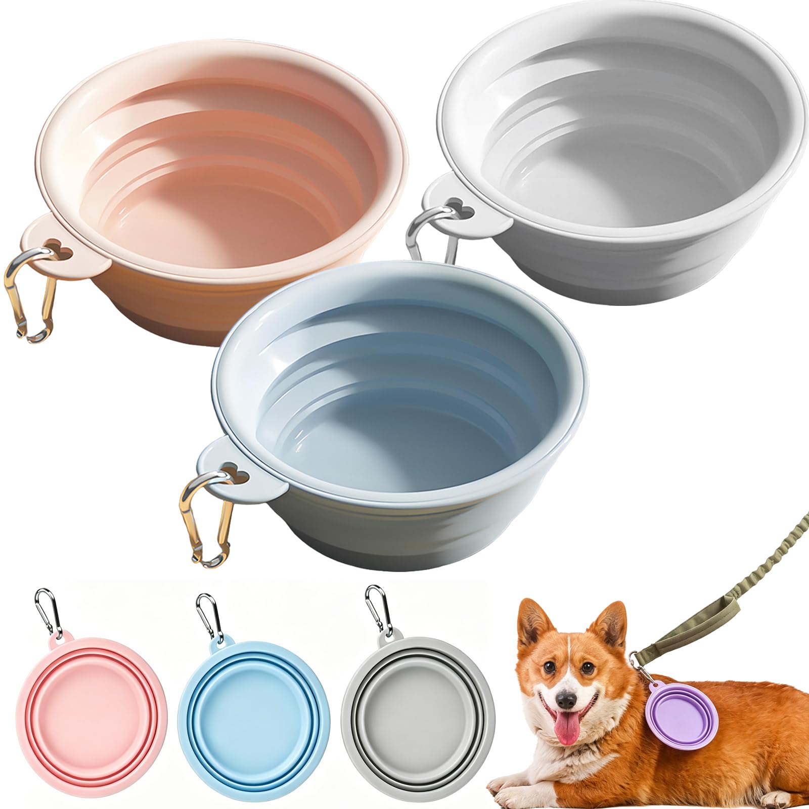 3 PCS Collapsible Dog Bowl, Foldable Silicone Pet Food And Water Bowl With Carabiners, Portable Travel Dog Bowl For Dogs And Cats, For Walking Hiking Camping Travel, Pink Grey Blue