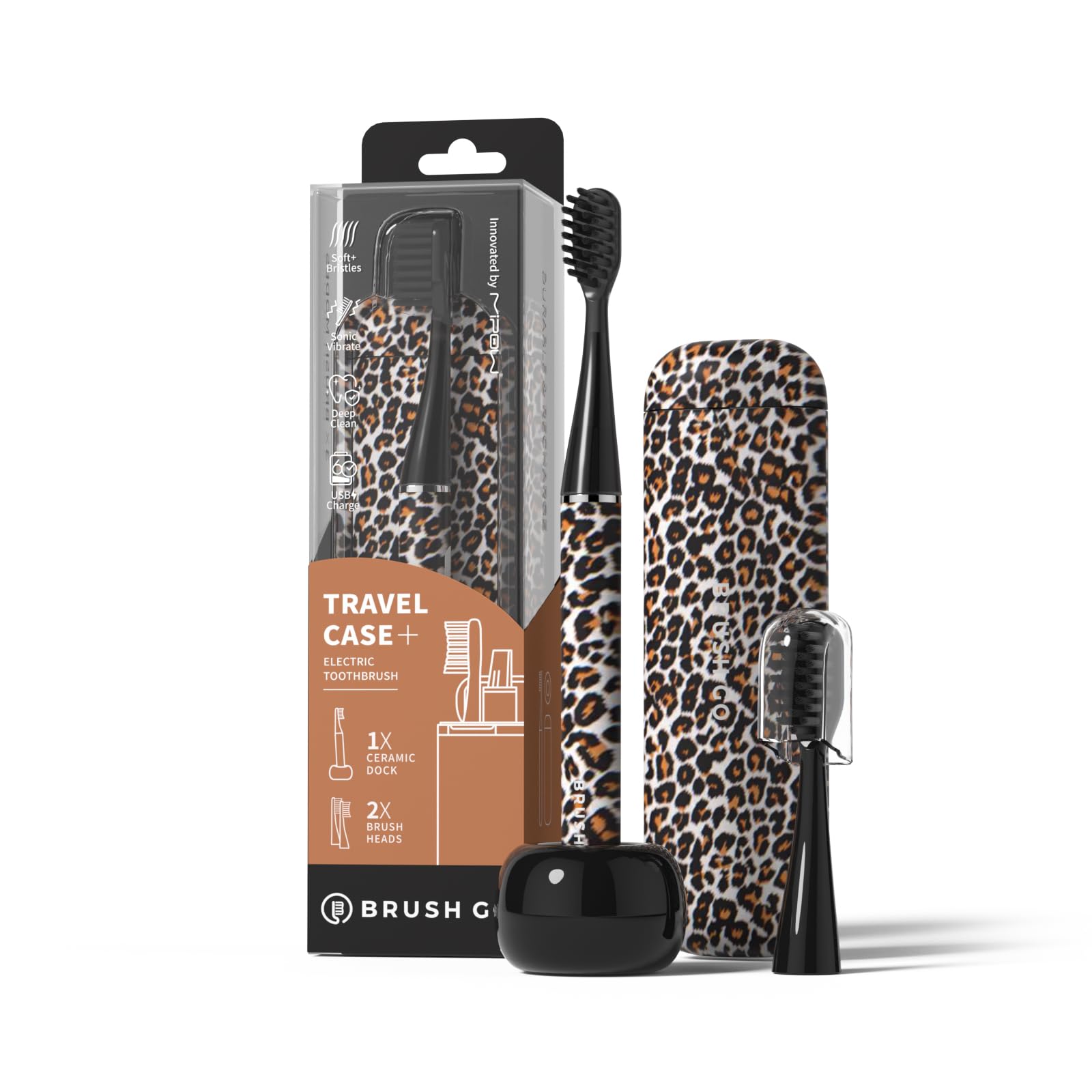 MIPOW Brush GO SlimPro i4 Electric Toothbrush Rechargeable Smart Ultra Sonic 3 Modes, Travel Case & Ceramic Dock, 60Day Battery Soft Bristles 2 Heads IPX7 Waterproof, Color-Leopard Edition-image-3