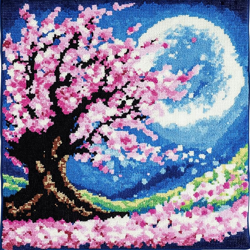 Amcdjkery Blossom Cherry Flower Tree DIY Latch Hook Kits,Latch Hook Pillow Case Embroidery Kits, DIY Carpet Needlework Cross Stitch Cushion Kits for