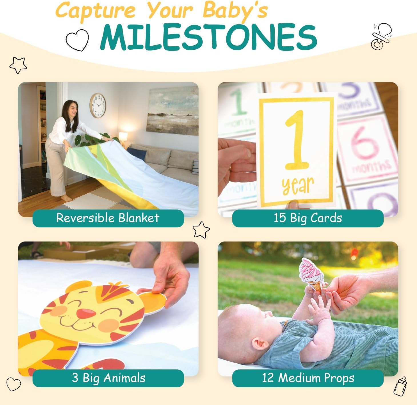 Sam & Lilly Baby Monthly Milestone Blanket 67"x60" +15 Monthly Milestone Signs +3 Animals +12 Cutouts, Newborn Photo Props, Registry Must Haves New mom Gift Hello World Neutral Sign