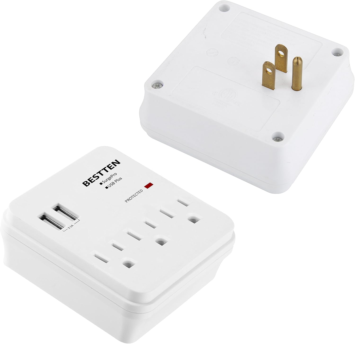 BESTTEN Mini USB Wall Outlet Extender, Slim Low Profile Multiple Plug Splitter, 2 USB Charging Ports and 3 AC Outlets, 450 Joule Surge Protector, ETL Certified, White