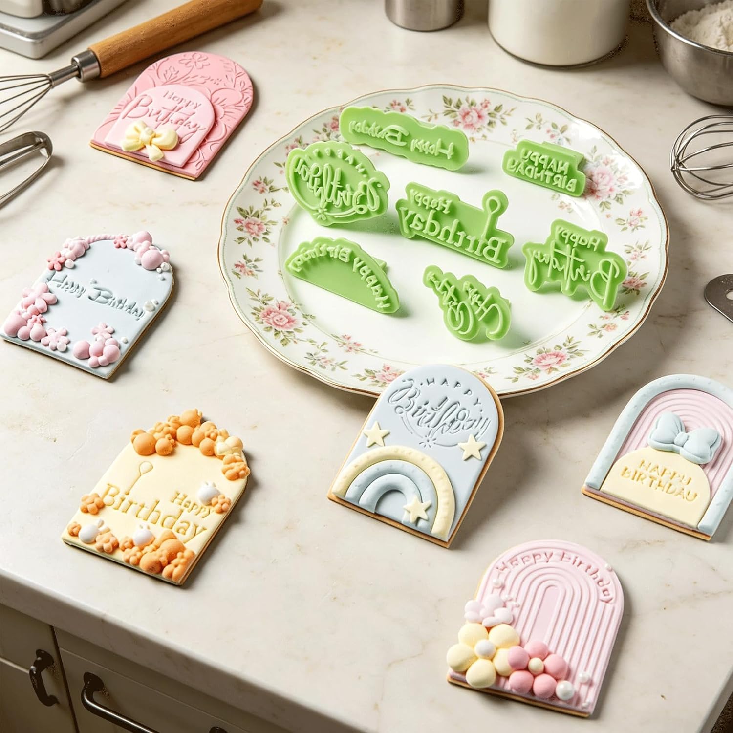 8PCS Happy Birthday Letter Fondant Cutters Set, Cookie Stamps with Happy Birthday Phrases, Plastic Cookie Embosser Tools for Cake Cupcake Fondant DIY Baking Decoration & Clay Crafts Making Supplies image 3