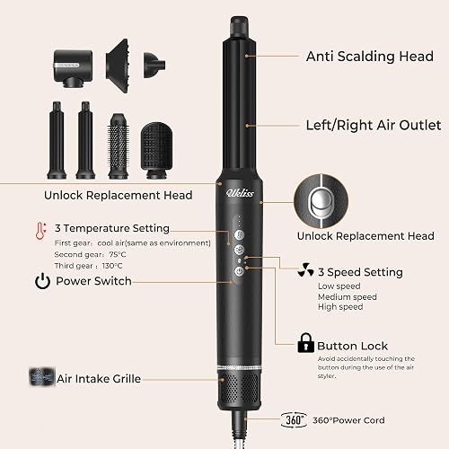 UKLISS Sèche Cheveux 7 en 1 Pro, Air Styler Set avec 1400w Brosse Soufflante Brushing, Boucleur Automatique, Lisseur Cheveux, Diffuseur Cheveux, Airbrush Hairstyler Cadeaux pour Femmes Styling - 8