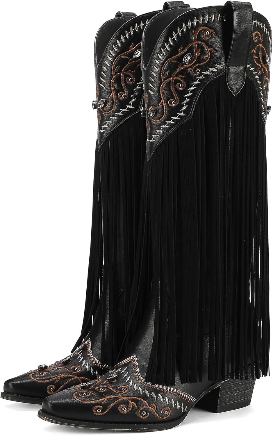 Fringe Cowboy Boots for Women Knee High Western Cowgirl Boots Sparkly Rhinestone Retro Country Boots with Embroidered Pointed Toe Chunky Heel Pull on Fashion Vintage Tall Boots