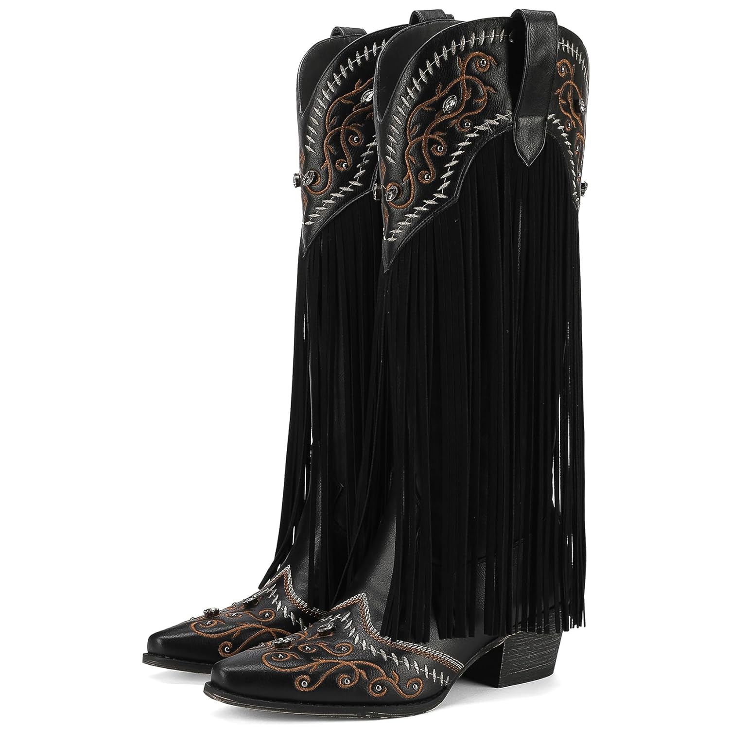 Fringe Cowboy Boots for Women Knee High Western Cowgirl Boots Sparkly Rhinestone Retro Country Boots with Embroidered Pointed