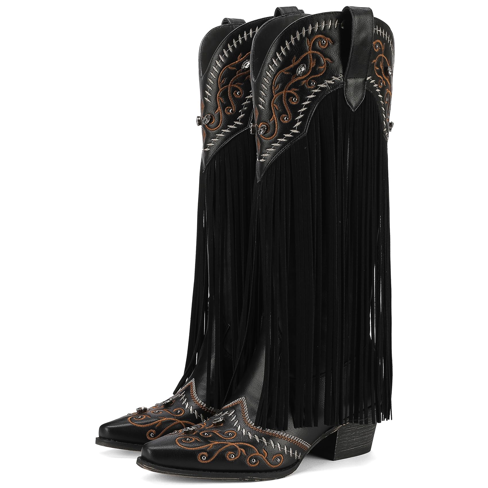 Fringe Cowboy Boots for Women Knee High Western Cowgirl Boots Sparkly Rhinestone Retro Country Boots with Embroidered Pointed
