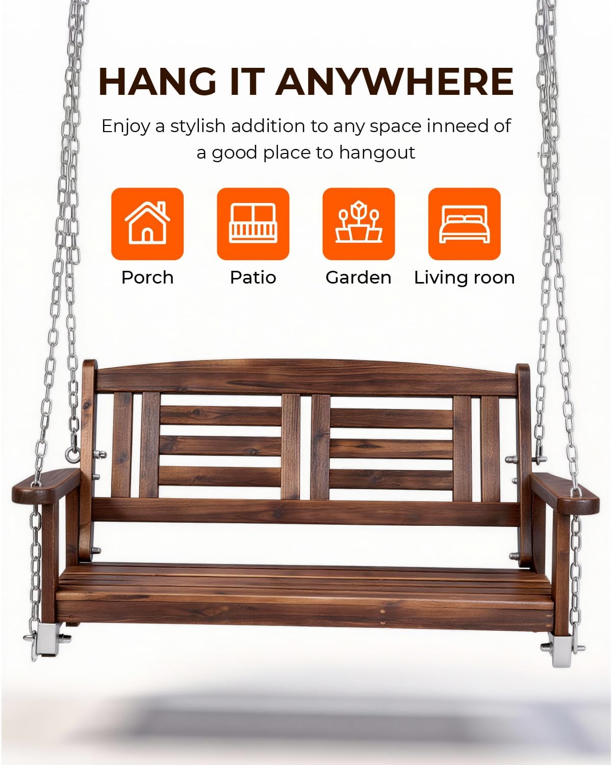 Outvita Wooden Porch Swing, Outdoor Patio Swing, 44" Swing Bench with Hanging Chains and Reclined Backrest for Deck, Garden,Yard, Balcony, Room 600 lbs Capacity Fir Wood (Carbonized Color)