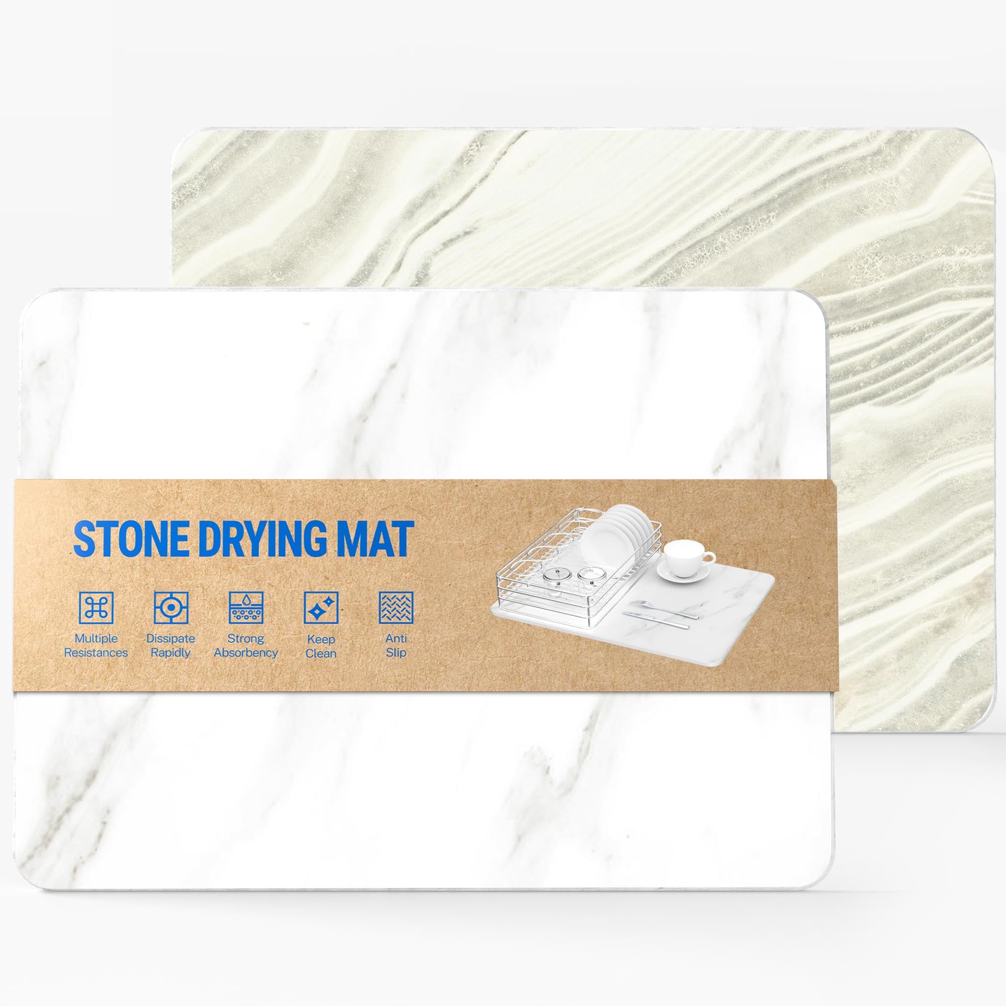 Stone Dish Drying Mat for Kitchen 2 PACK Super Absorbent Fast Drying Counter Marble Stone Mat Kitchen 15.7x11.8 in (WHITE+YELLOW)