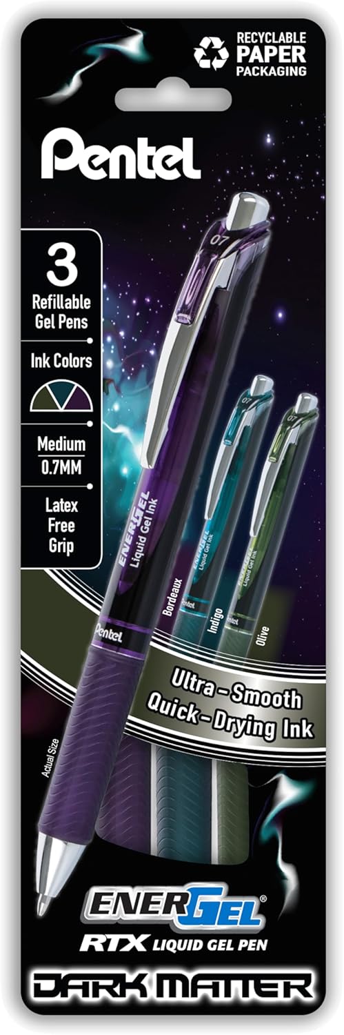 Pentel EnerGel RTX Dark Matter Liquid Gel Pen, (0.7mm), Assorted Dark Ink Colors, Pack of 3 (BL77DMPF3M)