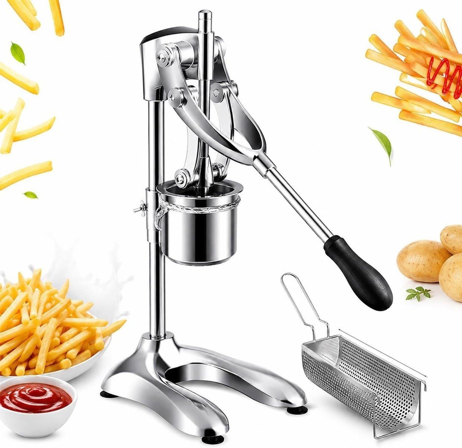Presse-Frites Manuel en Acier Inoxydable 304 Qualité Alimentaire pour Cuisine Familiale et Professionnelle, Silver