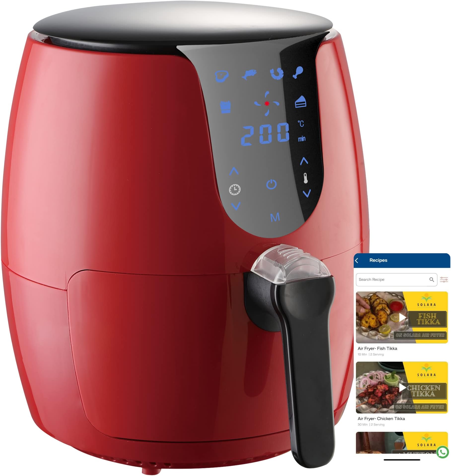SOLARA Large Digital Air Fryer for Home Kitchen with 6 Pre set modes for Indian cooking | 3.5L basket |Mobile app with 100+ recipe eBook and Videos | Red