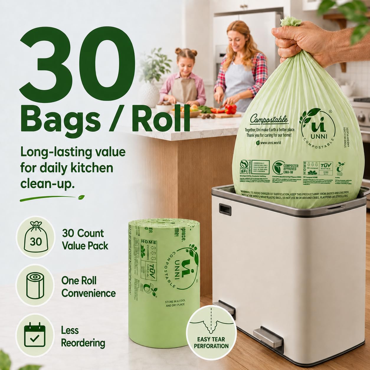 UNNI Bolsas compostables, 20-23 galones, 87 litros, 60 unidades, extragruesas de 1 mil, bolsa de basura para residuos de alimentos, ASTM D6400, US BPI, CMA y Europa OK Compost Home, certificado San