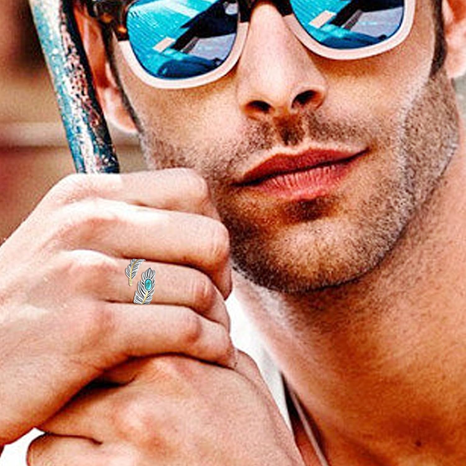 Turquoise Feather Ring 925 Sterling Silver Vintage Wide Feather Rings Women Men Turquoise Western Style Jewelry gifts Wrap Thumb Ring Open Size 4-11 (Turquoise Feather Ring, #10#11#12) - Image 5